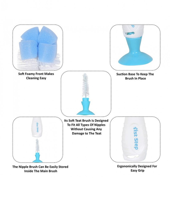 1st Step BPA Free Bottle And Nipple Cleaning Brush With Suction Base (Blue)