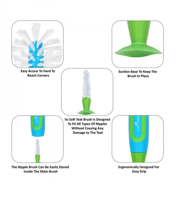 1st Step BPA Free Bottle And Nipple Cleaning Brush With Suction Base (Blue)