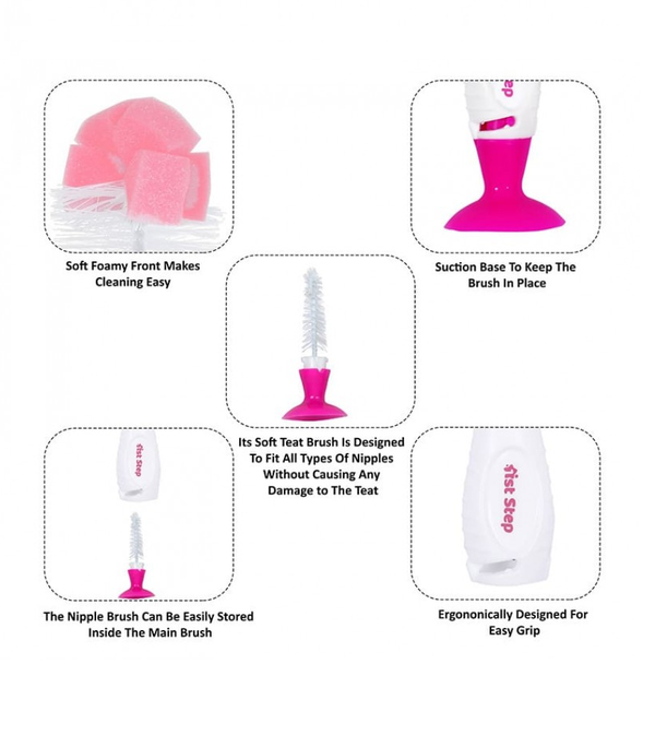1st Step BPA Free Bottle And Nipple Cleaning Brush With Suction Base (Pink)