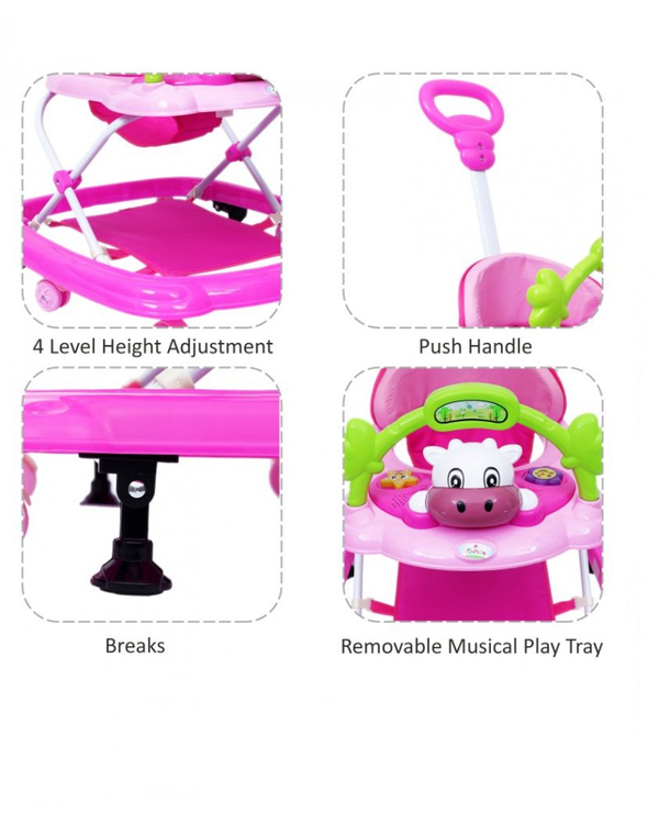 1st Step Walker With Push Handle And 4 Level Height Adjustment - Pink