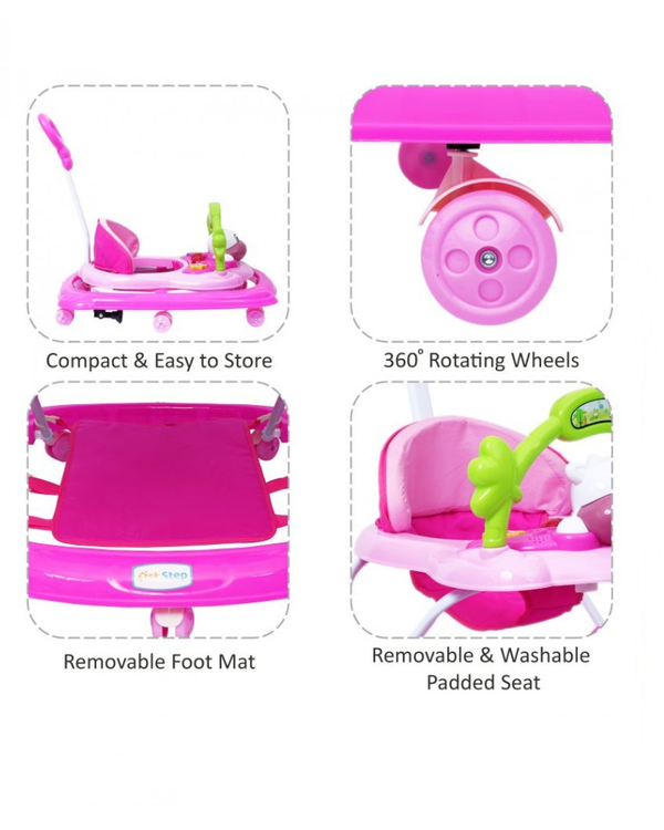 1st Step Walker With Push Handle And 4 Level Height Adjustment - Pink