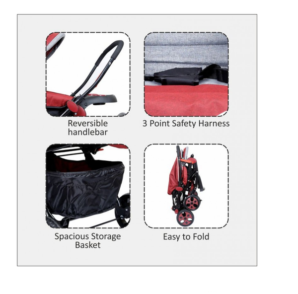 1st Step Pram With Reversible Handlebar And Reclining Seat - Maroon