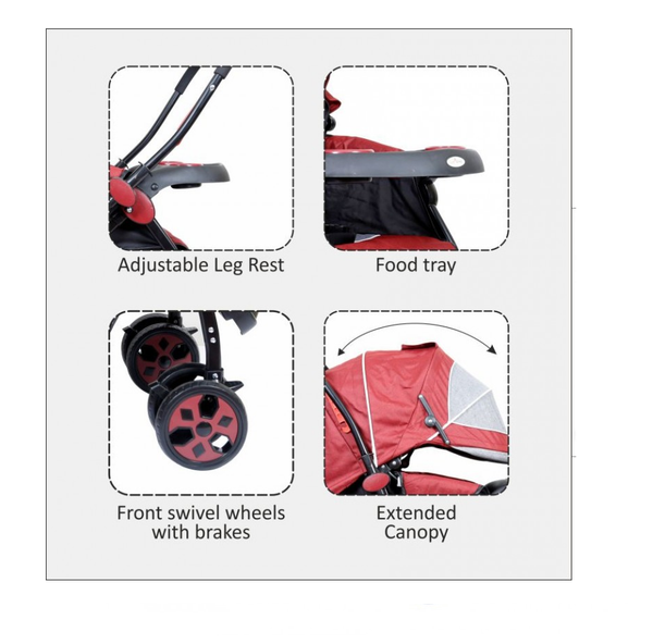 1st Step Pram With Reversible Handlebar And Reclining Seat - Maroon