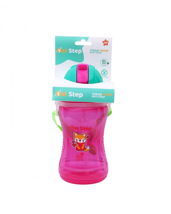 1st Step Spill Proof BPA Free Straw Sipper With Strap - Pink