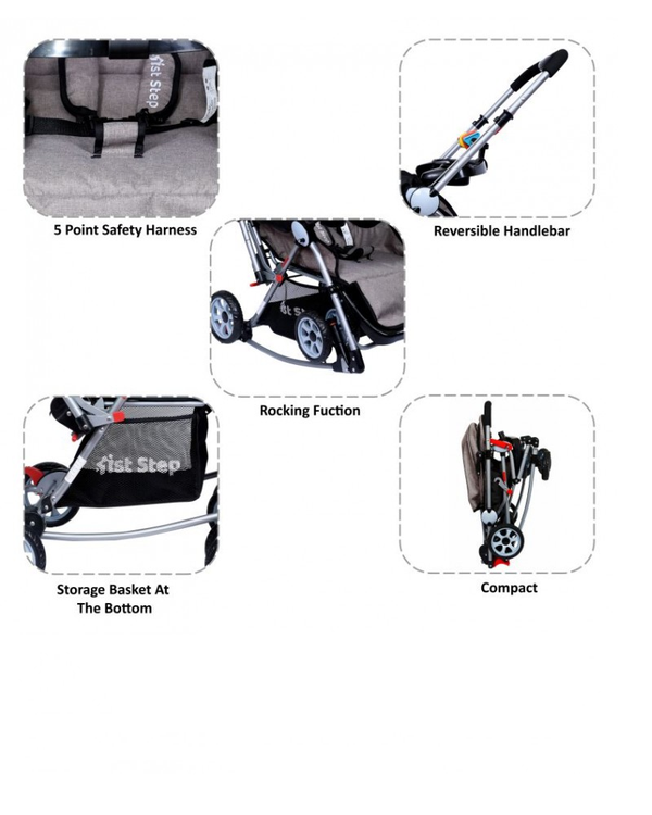1st Step Baby Rocking Pram With 5 Point Safety Harness And Reversible Handlebar-Grey