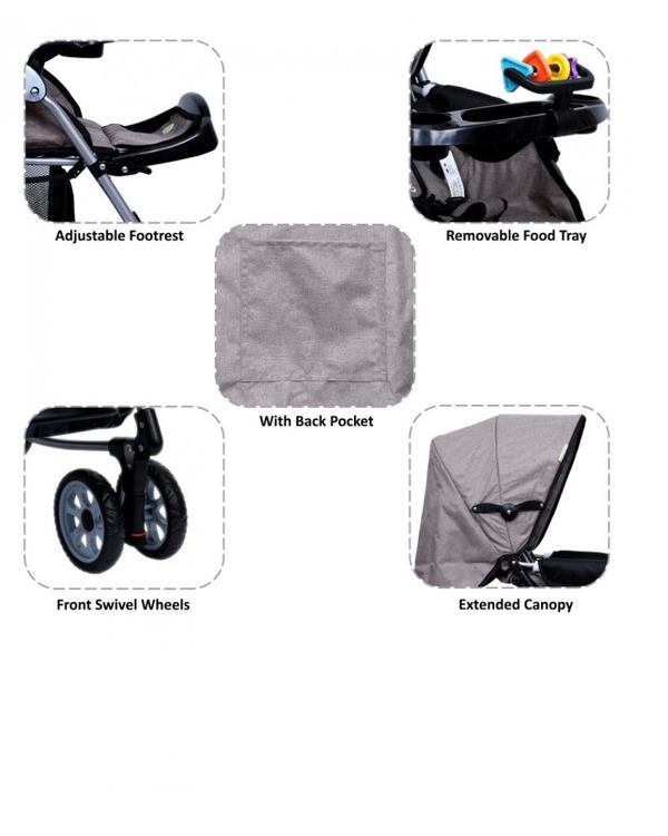 1st Step Baby Rocking Pram With 5 Point Safety Harness And Reversible Handlebar-Grey