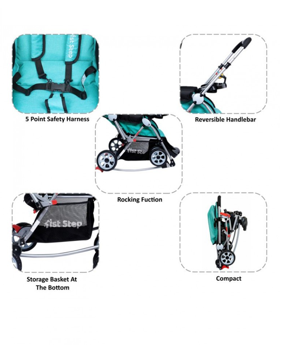 1st Step Baby Rocking Pram With 5 Point Safety Harness And Reversible Handlebar-Mint Green