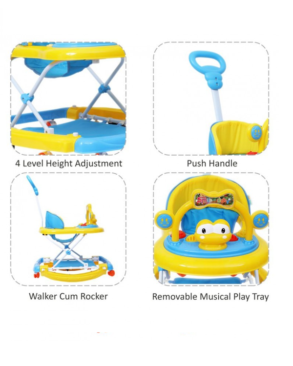 1st Step Walker Cum Rocker With Push Handle And 4 Level Height Adjustment - Blue