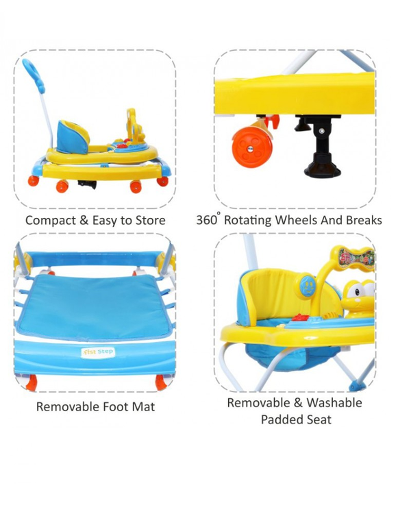 1st Step Walker Cum Rocker With Push Handle And 4 Level Height Adjustment - Blue