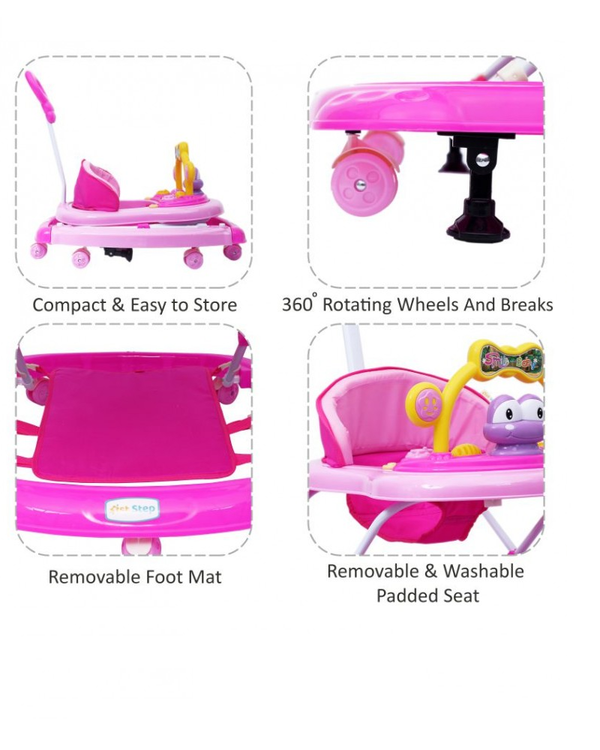1st Step Walker Cum Rocker With Push Handle And 4 Level Height Adjustment - Pink