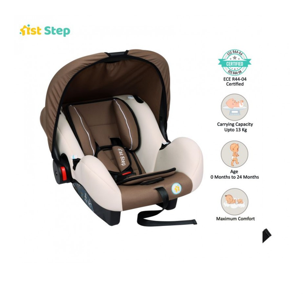1st Step Car Seat Cum Carry Cot With Thick Cusioned Seat And 5 Point Safety Harness-Brown