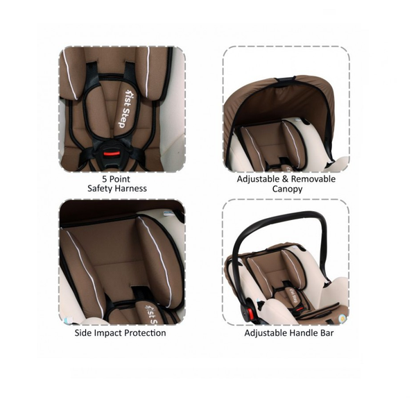 1st Step Car Seat Cum Carry Cot With Thick Cusioned Seat And 5 Point Safety Harness-Brown