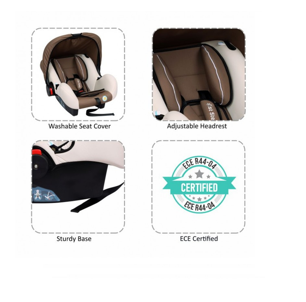 1st Step Car Seat Cum Carry Cot With Thick Cusioned Seat And 5 Point Safety Harness-Brown