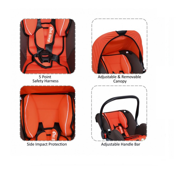 1st Step Car Seat Cum Carry Cot With Thick Cusioned Seat And 5 Point Safety Harness-Orange