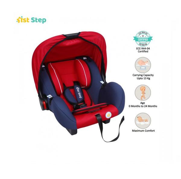 1st Step Car Seat Cum Carry Cot With Thick Cusioned Seat And 5 Point Safety Harness-Red