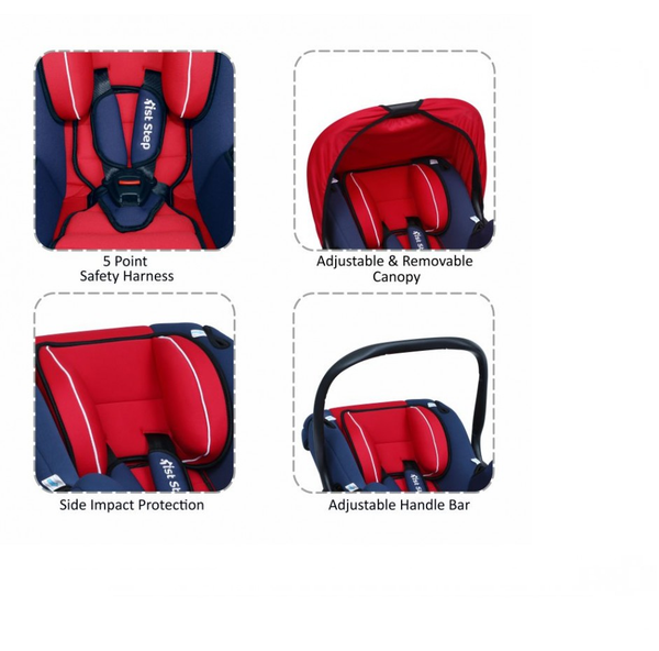1st Step Car Seat Cum Carry Cot With Thick Cusioned Seat And 5 Point Safety Harness-Red