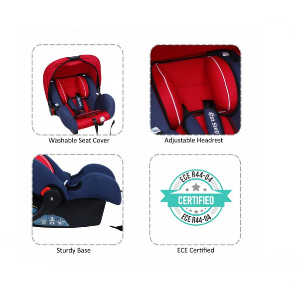 1st Step Car Seat Cum Carry Cot With Thick Cusioned Seat And 5 Point Safety Harness-Red