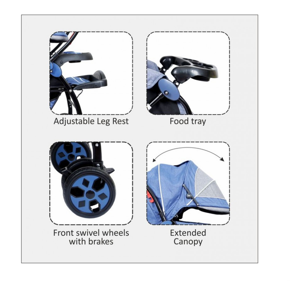 1st Step Pram With Reversible Handlebar And Reclining Seat-Blue