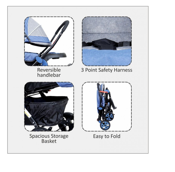 1st Step Pram With Reversible Handlebar And Reclining Seat-Blue