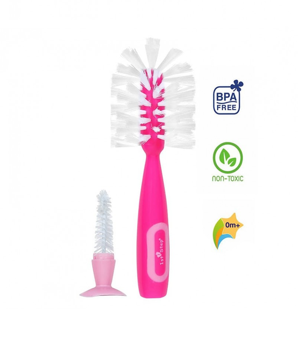 1st Step BPA Free Bottle And Nipple Cleaning Brush With Suction Base (Pink)