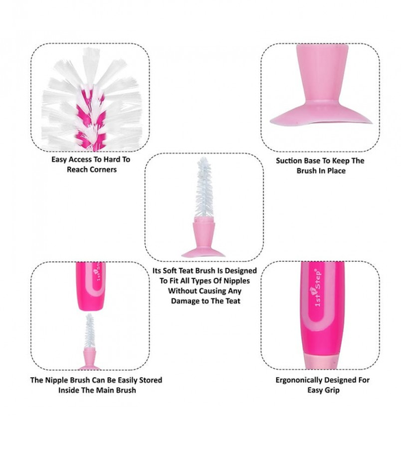 1st Step BPA Free Bottle And Nipple Cleaning Brush With Suction Base (Pink)