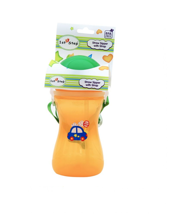 1st Step Spill Proof BPA Free Straw Sipper With Strap - Orange