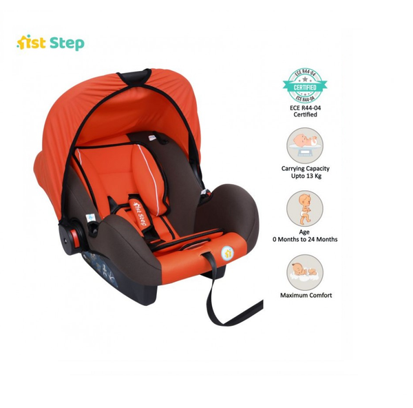 1st Step Car Seat Cum Carry Cot With Thick Cusioned Seat And 5 Point Safety Harness-Orange